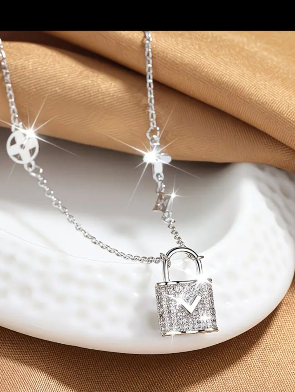 Silver Diamond V Lock Pendant Necklace